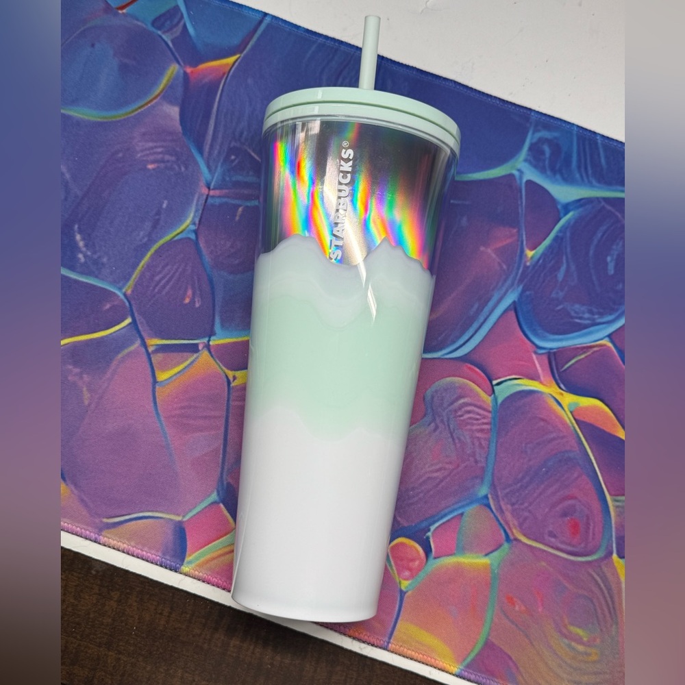 EUC Smooth Holographic Mint White Starbucks 24 oz Tumbler - 2021 Release